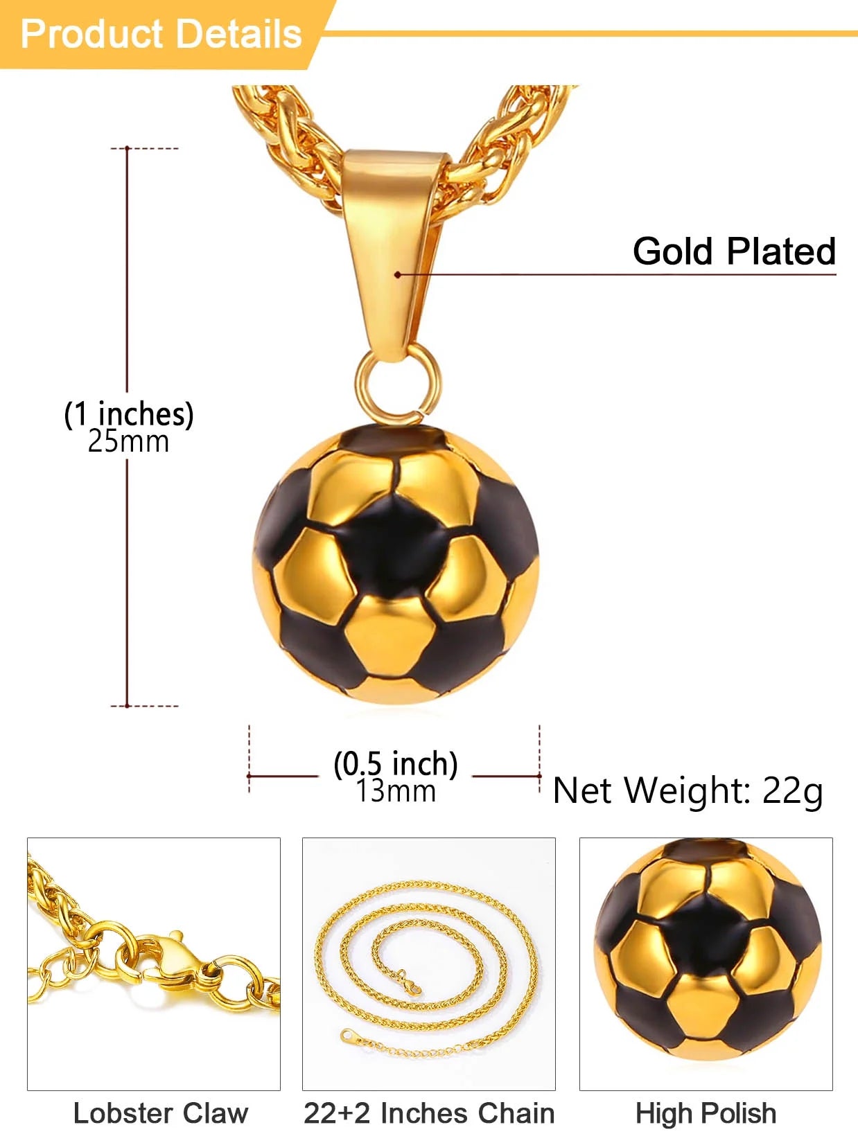 Charm Sport Ball Enamel Football Fashion Soccer Men Jewelry Gold Rope Chain